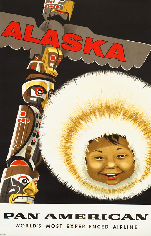 Face of smiling Eskimo child wearing fur hood, traditional totem pole; black, white, red