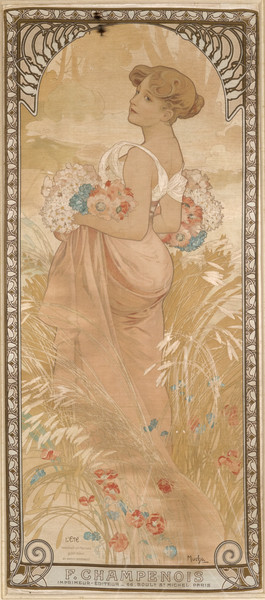 Personification of Summer standings in a field of flowers; pink, yellow, blue