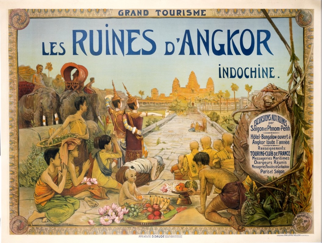 figures, dancers, buddhist monks, approach Angkor Wat with offerings; brown, blue, orange, green