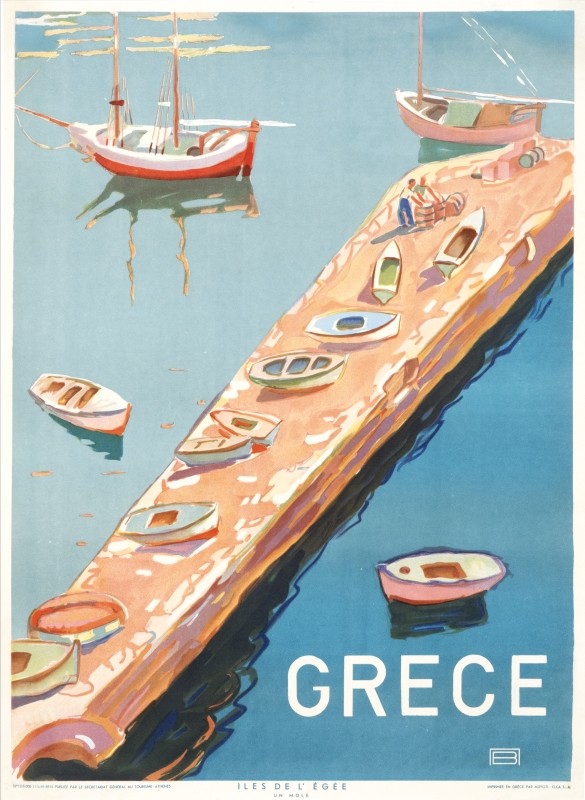 Jetty surrounded by ocean, boats, fisherman sorting barrels, sailboats; blue, peach, pink, white, pastel