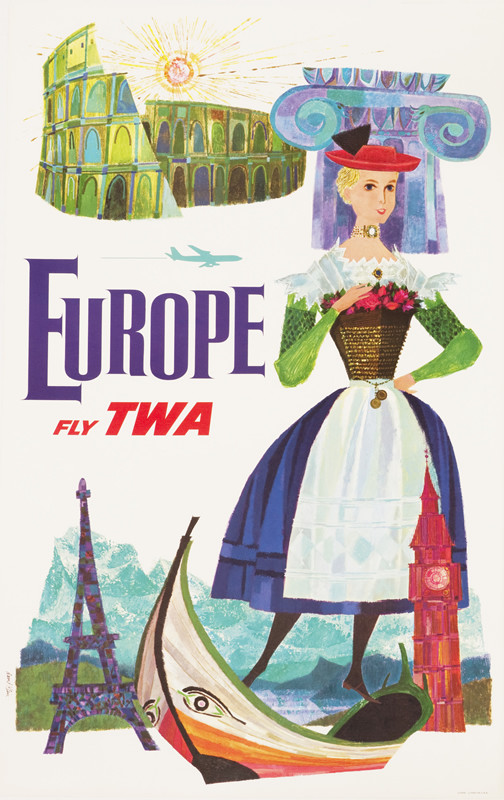 Eiffel Tower, Colosseum, Big Ben, a boat and a woman in traditional costume; green, red, blue