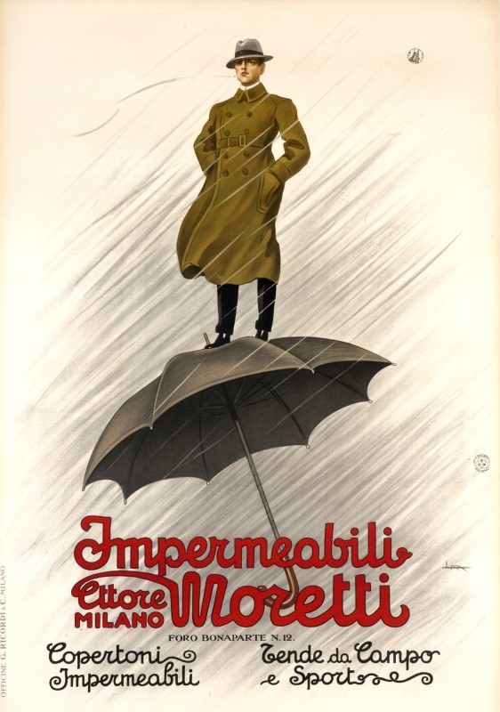 Man smoking cigarette in raincoat stands on umbrella; gray, brown, red
