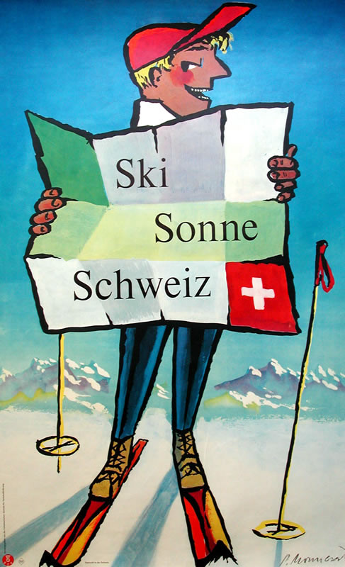 Skier holds map; blue, red, green