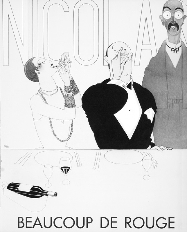 Man drinks as woman applies lipstick; black, white