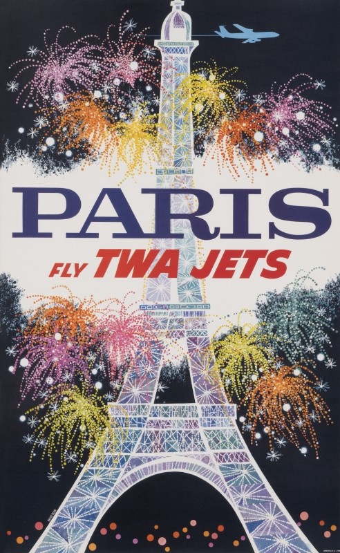 Eiffel tower with fireworks and jet; black, red, blue, pink, yellow