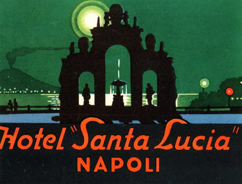Nighttime view of Naples, moon; green, red, black
