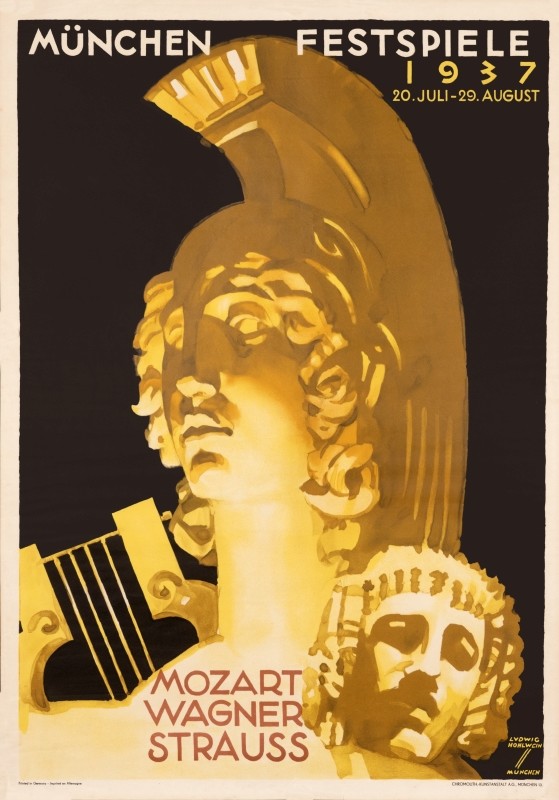 Classical sculptures lit from below; black, yellow