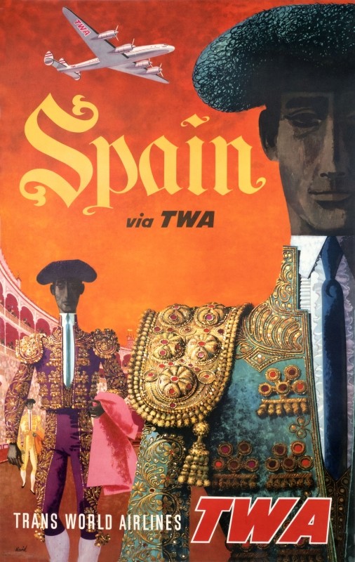 Bullfighters, matadors, in arena, airplane overhead; orange, red, green