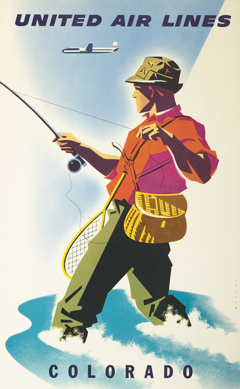 Flyfisherman wading in water, reeling in catch with fishing rod, airplane above; red, green, blue, white