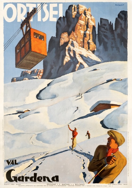 Skiers on ski slope with cable car and peaks above; white, blue, orange, brown