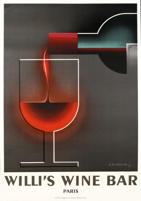 Bottle pours red wine into glass; red, grey, green
