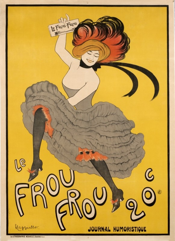 A woman in flowing petticoat and skirt dances with humorist magazine in hand; yellow, gray, pink