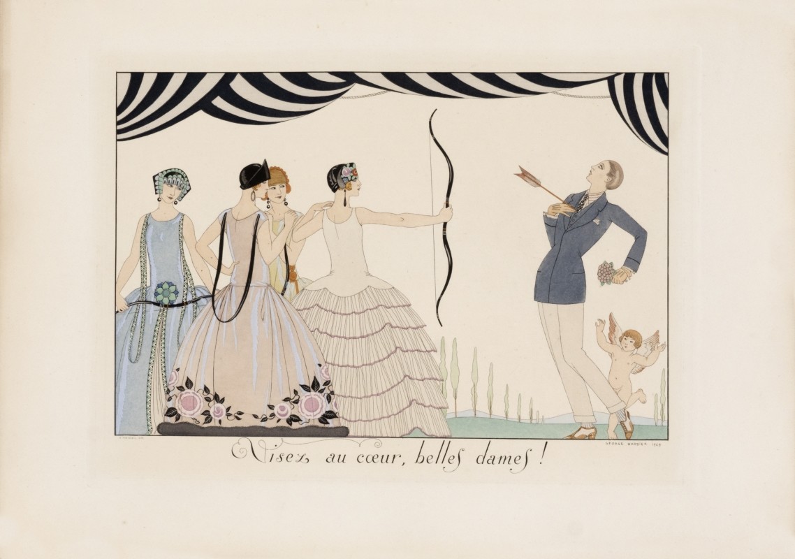 Four woman, one holding a bow and shooting an arrow into a gentleman's heart, cherub behind him; purple, pink, white, blue, green