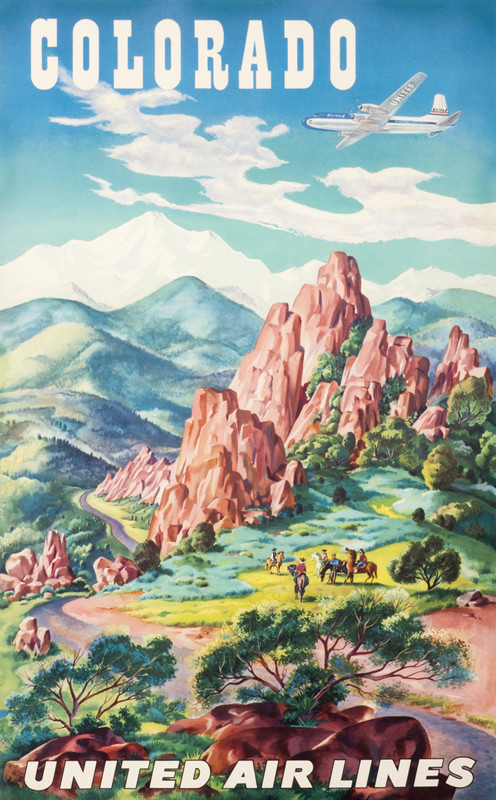 Group of cowboys on horseback venture through rocky outcrops, landscape, mountains, airplane above; blue, green, brown