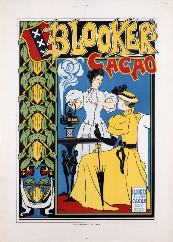 Woman serves cocoa to seated woman; blue, yellow, red, green, black