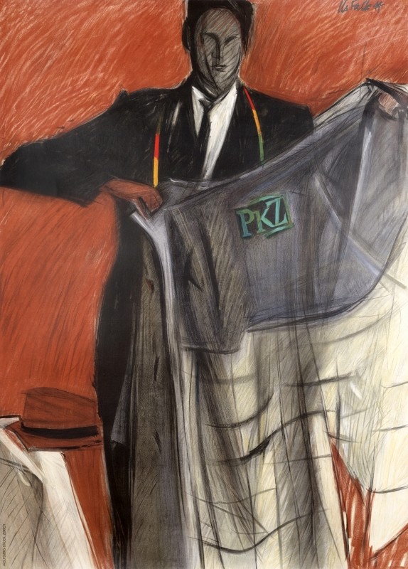 Tailor with tape measure lifts up coat; red, black, gray
