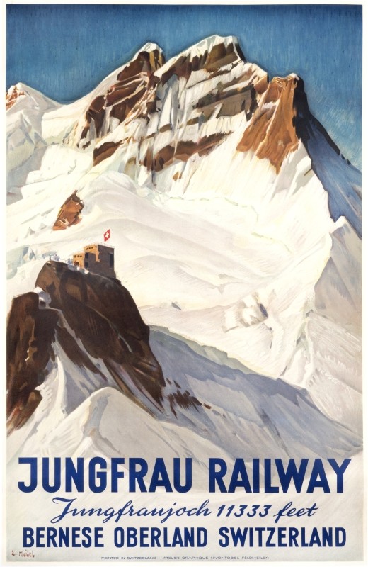 Mountain peak and upper cog railway station Bernese Oberland, blue, brown, white