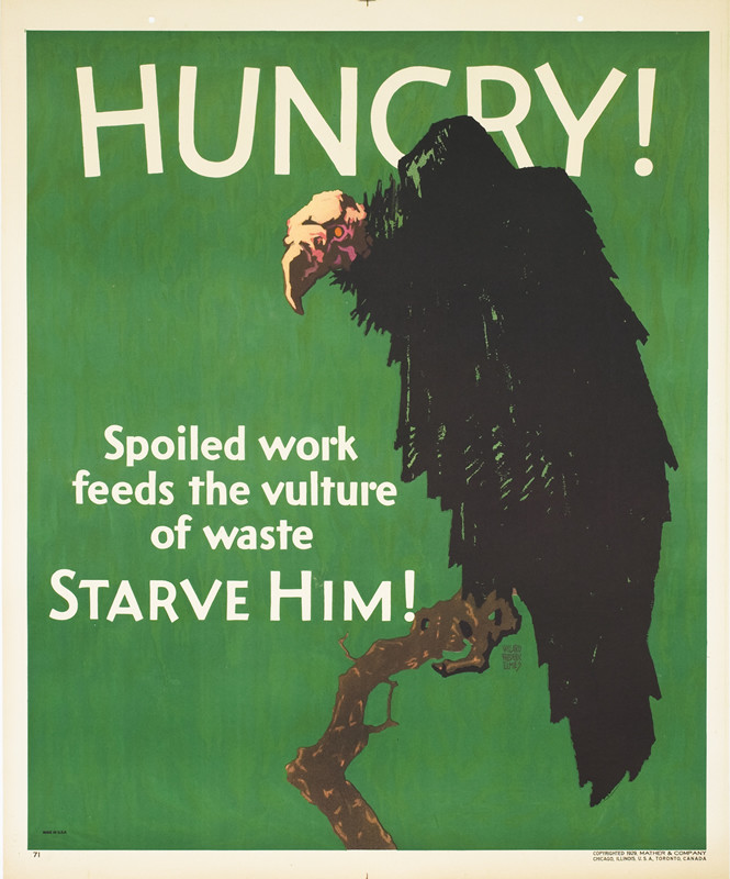 Vulture perched on branch; green, black