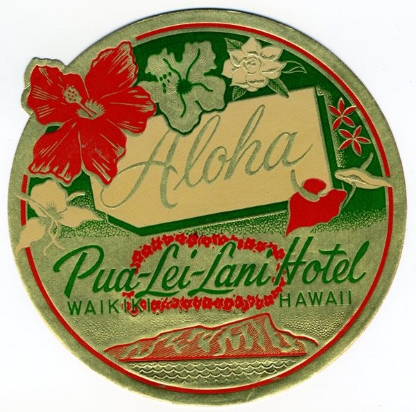 Hibiscus flowers, lei and volcano on round label; red, gold, green