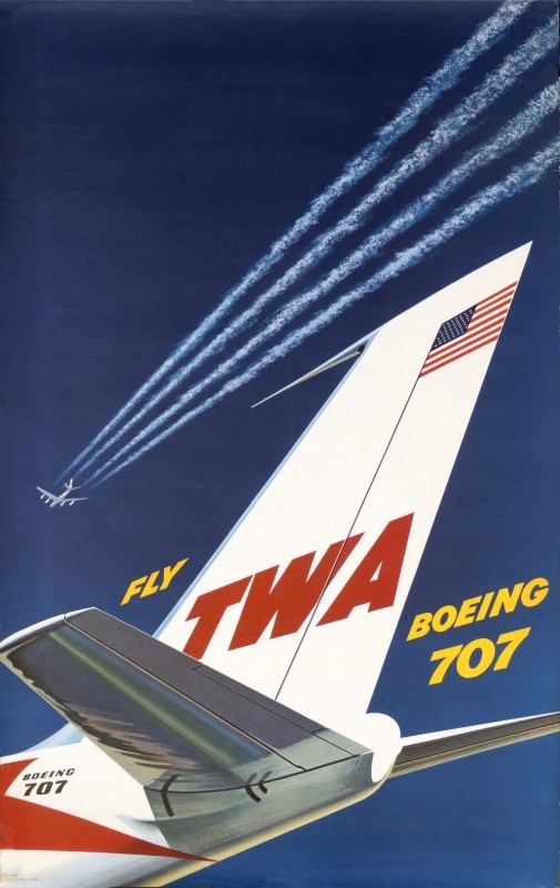View of airplane's rudder with another jetting off in the sky; white, blue, red, yellow