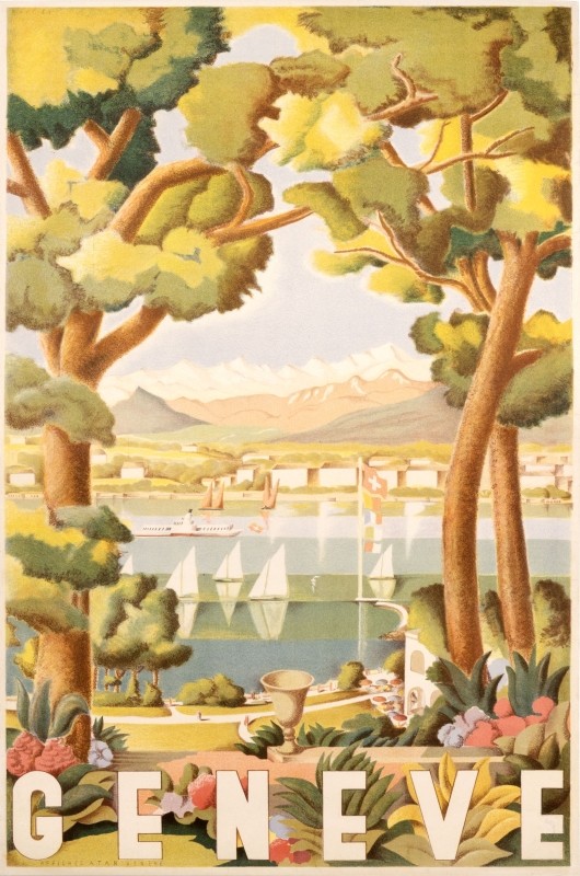 View of sailboats on Lake Geneva from trees; blue, green, brown