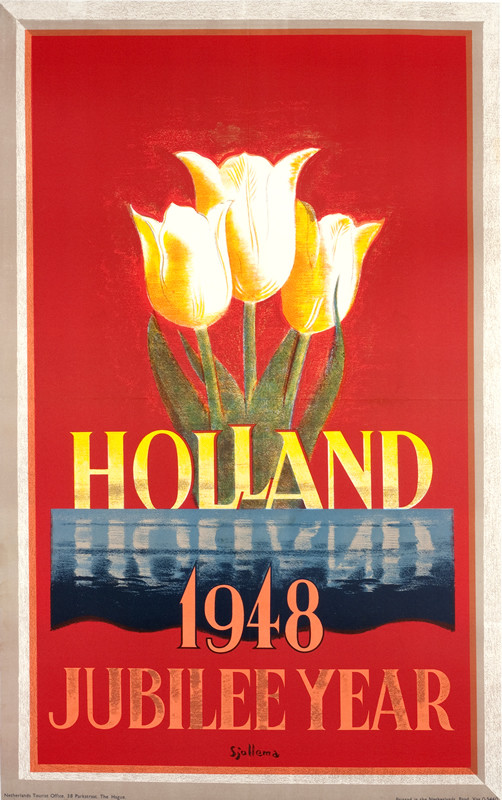 Trio of tulips, reflection in water; red, yellow, blue