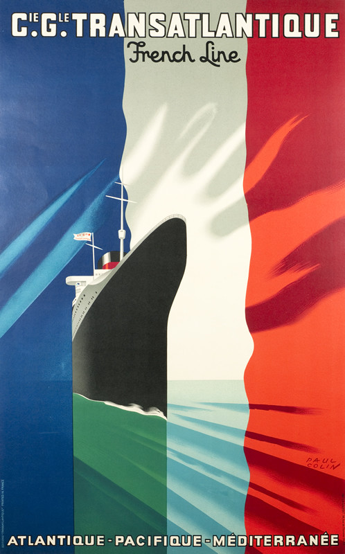 Oceanliner heads thru red white & blue sky