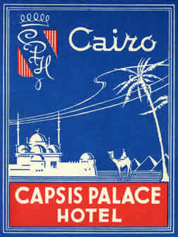 Desert scene with man riding camel, pyramids and Cairo Citadel in background; blue, red, white