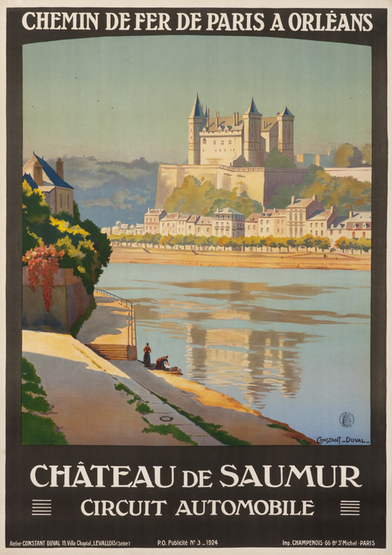 View of Chateaux in background with water and town; earth tones