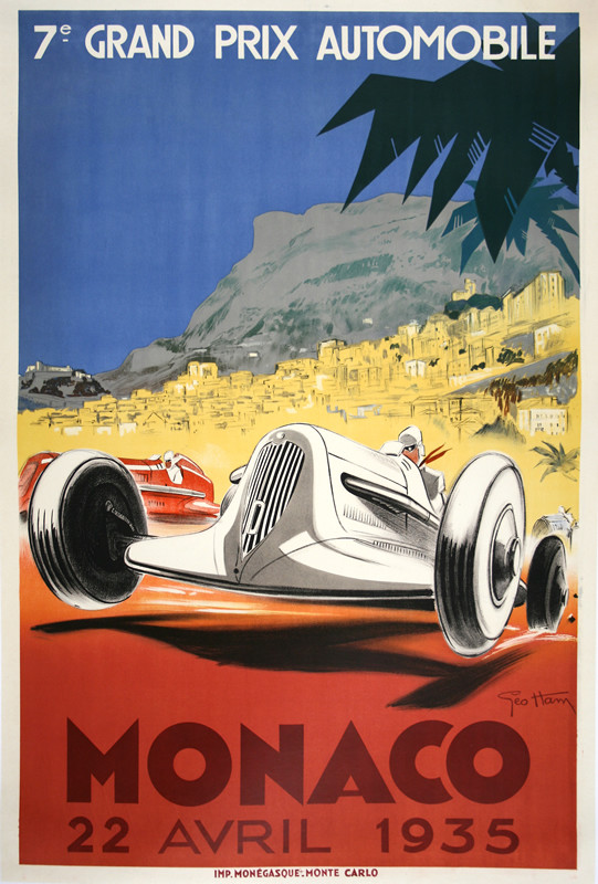 White race car speeds forward, palm tree, Monaco in distance