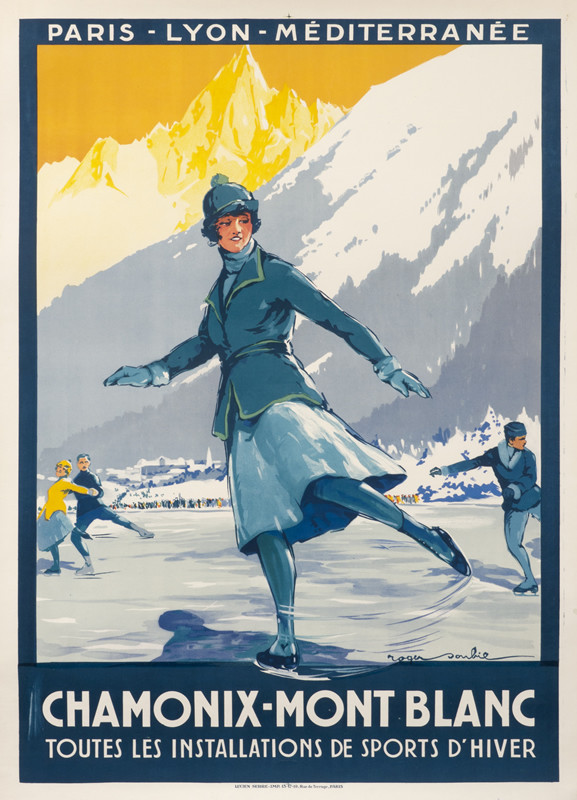 Ice skater on pond, mountains in distance 