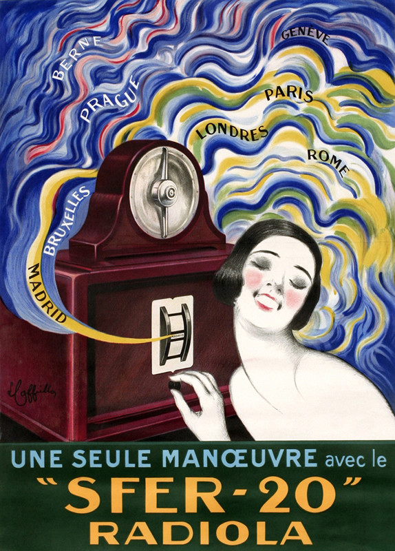 Woman listens to radio from all over the world; blue, brown, yellow