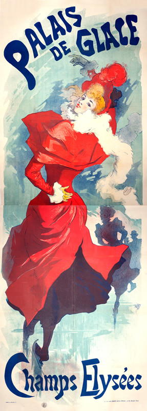 Woman skater in red dress and fur stole looks over shoulder; red, blue, white