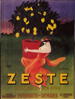 Woman in flowing dress carries pot with lemon tree; yellow, blue, red, purple