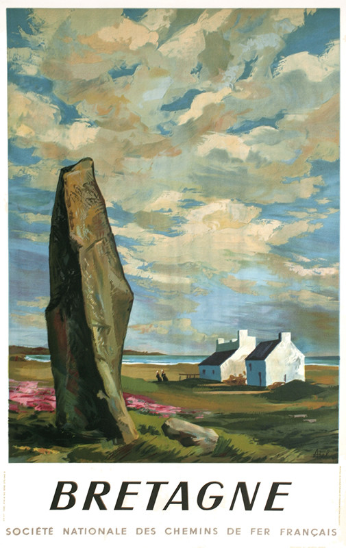 Rock oucropping and houses at coast; green, blue