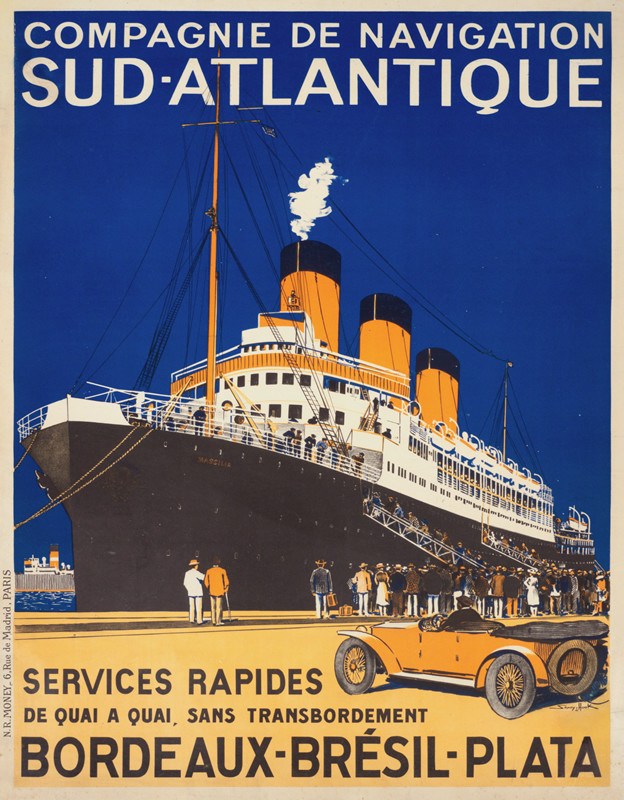 Ocean liner "Massilia" at port with crowd and car