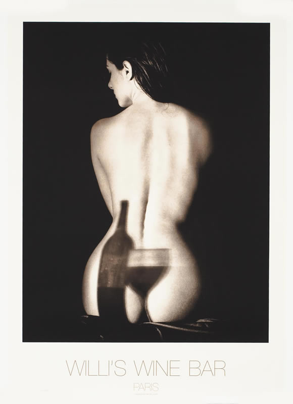 Nude seated woman with shadow of bottle and glass, a la Magritte and Ingres; black and white