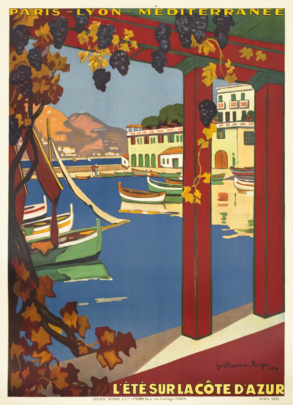 Boats in harbor viewed from portico; blue, red