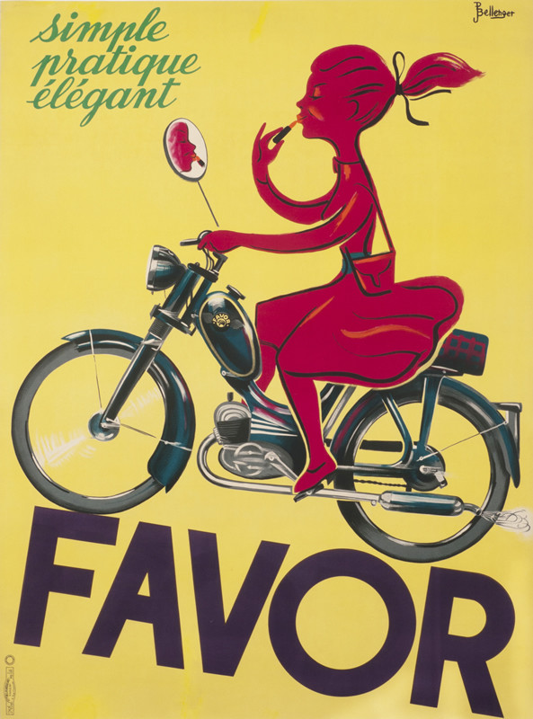 girl applies lipstick in motorcycle mirror; yellow, red