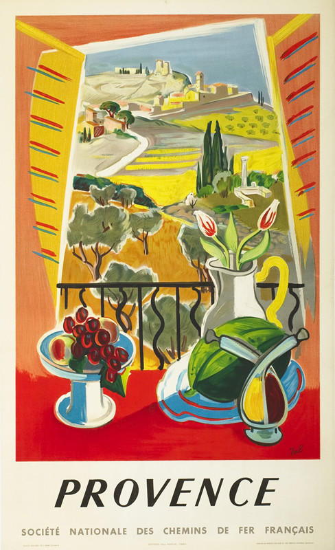 still life with country scene out window; red, yellow, green