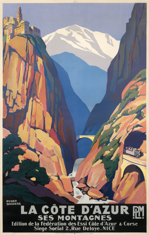 Car weaves thru mountain roads; beige, green, blue