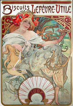 Pretty young woman with flowing hair holds plate of wheat biscuits with calendar; red, gold, maroon, green