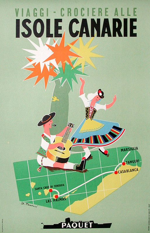 Man plays guitar and woman dances under palm tree; green, yellow