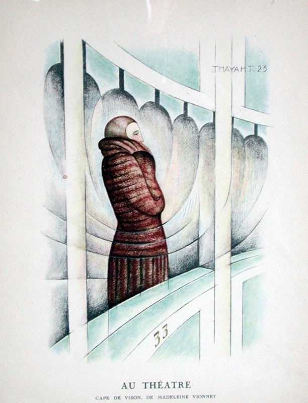 Woman in fur looks out over balcony; brown, blue