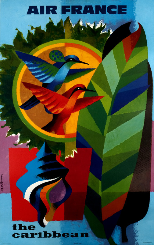 Two birds, leaf, shell; red, blue, green, yellow