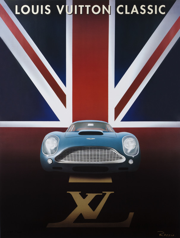 Aston Martin car below union jack; red, blue,