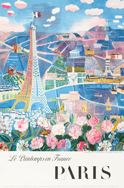 Painterly view of Paris, Eiffel Tower, Arc de Triomphe, Seine, Hotel des Invalides, spring flowers; pink, blue, yellow, green