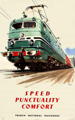 Electric train heads towards viewer; blue, red