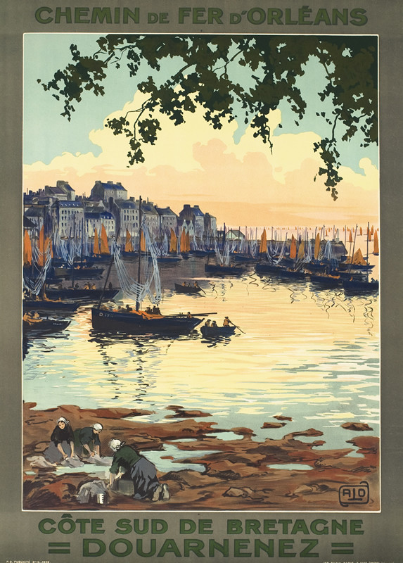 View of seaside town Douarnenez, sailboats in harbor, buildings by water, women digging clams; blue, gray, green, pink