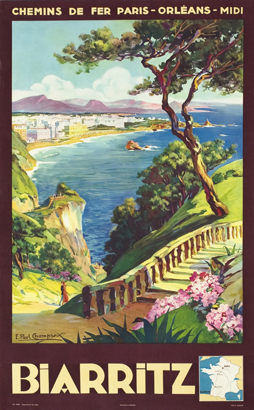 View of seashore with hotels, cliffs, treees, flowers; green, maroon, blue